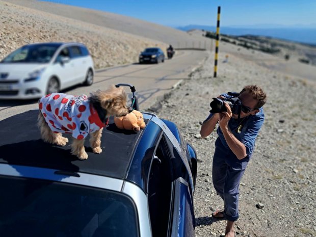 Un photographe photographie un chien au maillot à pois au Ventoux.